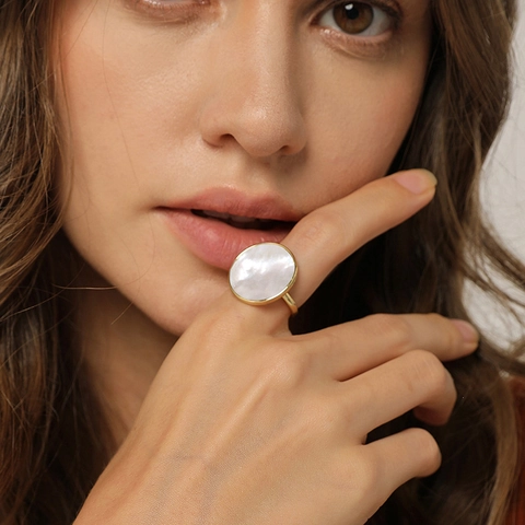 Bague Minimaliste Ronde En Nacre Et Abalone Vintage Cuivre Plaqué Or 14K Bijoux Géométriques Pour Femmes