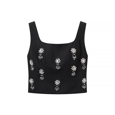 Crop Top Sexy Nero con Strass da Donna e Gonna Midi in Cristallo Floreale Completi da Festa Senza Maniche Eleganti Streetwear