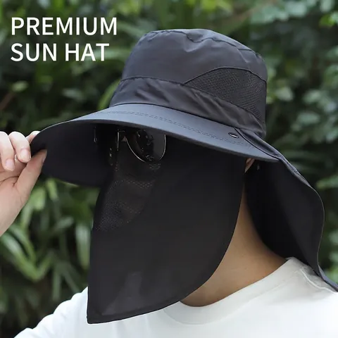 Men's Outdoor Sun Hat Wide Brim UV Protection Fishing Hat With Detachable Neck Flap Face Mask Breathable Safari Bucket Hat