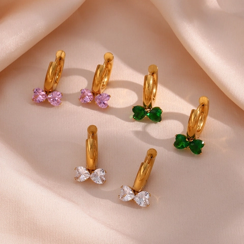 Boucles d'Oreilles Créoles en Acier Inoxydable Nœud Papillon Cœur Zirconia Plaquées Or Bijoux Géométriques pour Femmes
