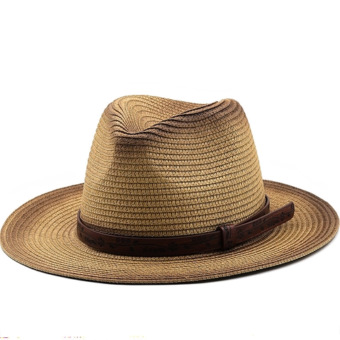 Vintage Ombre Straw Fedora Hat Wide Brim Gradient Braided Panama Jazz Sun Protection Cap With Embossed Leather Band