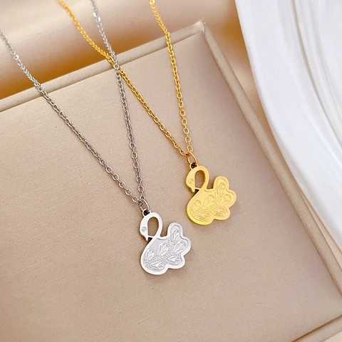 Collana Con Pendente A Cigno Motivo Piuma Incisa Acciaio Al Titanio Minimalista Placcato Oro Gioielli Donna