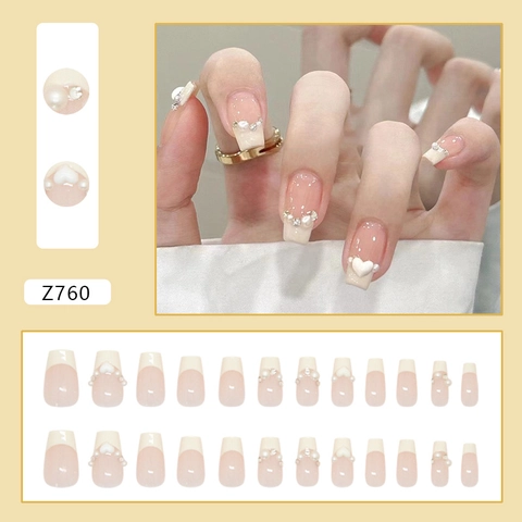 French Press On Nails Creamy Yellow Nude Pink With Artificial Pearl Rhinestone Relief Heart Short Coffin Shape Glitter Fake Nails