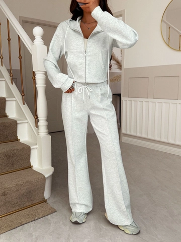 Women Zip Up Hooded Top And Wide Leg Pants Casual Loungewear Solid Color Polyester Knit Chic Comfortable
