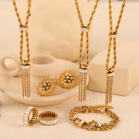 Edelstahl Halskette Armband Ohrringe Ring Zirkon Sonnenblume Tropfglasur Twisted Rope Chain Quaste Für Frauen Trendy