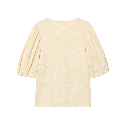 Top De Jacquard Bordado Con Mangas Abullonadas Y Pantalones De Pierna Ancha Mujeres Casual Streetwear Elegante Crema