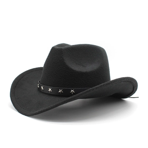 Western Cowboy Hat Wide Brim Wool Felt Fedora With Star Rivets Leather Belt For Men Women Retro Ethnic Style