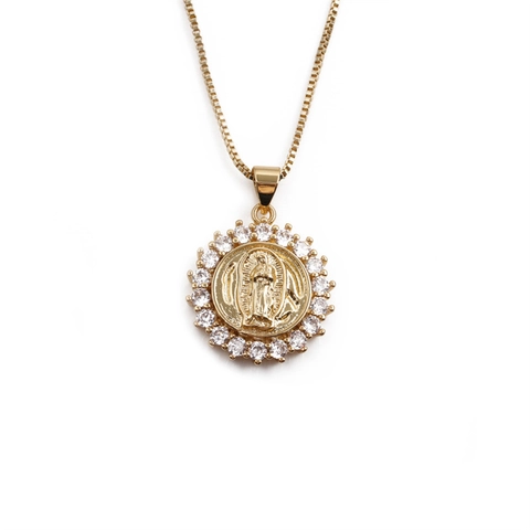 Collar Colgante Religioso Virgen María Cobre Chapado En Oro Medallón Redondo Circonita Cadena De Caja Para Mujeres