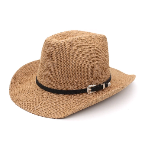 Retro Western Cowboy Straw Hat For Women Men Wide Brim Breathable Woven Sun Hat With Silver Carved Buckle Belt