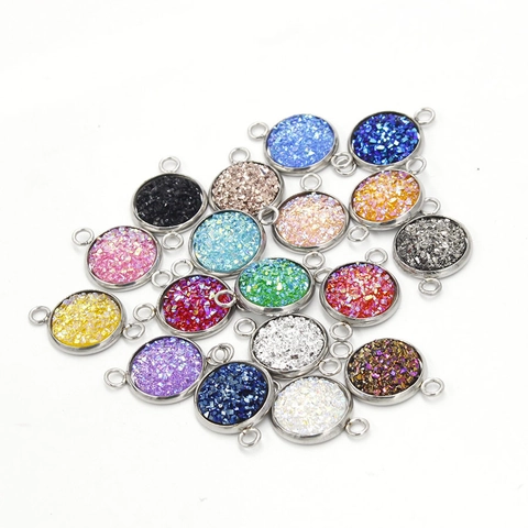 Breloques Connecteur Druzy Rond Acier Inoxydable Résine Étincelant Coloré Double Boucle Pour Création Bijoux