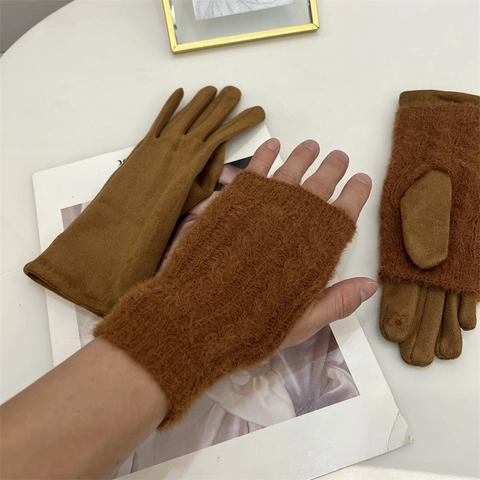 Winter Warme Handschuhe Wildlederimitat Plüsch Zwei-In-Eins Abnehmbar Touchscreen Eleganter Japanischer Stil Damen