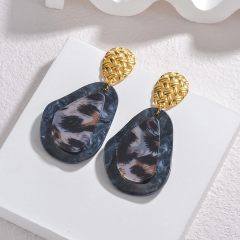 Fashion Stainless Steel Leopard Print Teardrop Dangle Earrings Bohemian Gold Plated Resin Geometric Drop Earrings Women Jewelry
