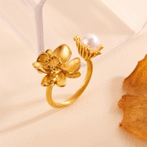 Stainless Steel Rose Flower Open Ring For Women With Artificial Pearl Elegant Gold Plated Adjustable Niche Design Finger Ring