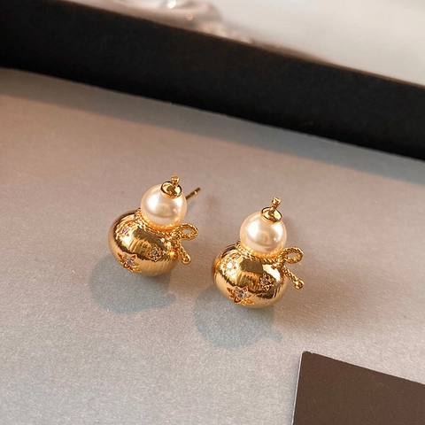 Gourd Stud Earrings With Faux Artificial Pearl And Rhinestones Vintage Chinese Style Gold Plated Jewelry Silver Earring Post For Women