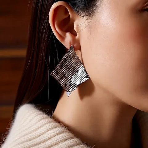 Pendientes Colgantes Rombo De Malla Aleación Borla Geométrica Con Poste De Plata Joyería De Moda De Lujo Para Mujer