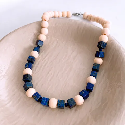 Vintage Beaded Necklace With Blue Lapis Lazuli Square Gemstone And Round Wooden Beads Handcrafted Ethnic Jewelry For Women