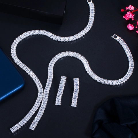 Baguette Zirconia Bruidsketting En Oorbellen Luxe Koperen Sieraden Voor Bruiloft Banket Avondjurk Accessoires Dames