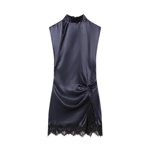 Satin Mini Kleid Für Damen Ärmellos Stehkragen Seitlich Gerafft Spitze Patchwork Saum Schlank Elegant Party Cocktail