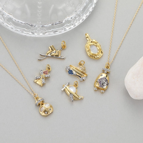 14K Gold Plated Copper Zirconia Travel Pendants Airplane Snow Boot Suitcase Windmill DIY Jewelry Making Accessory Charms