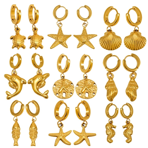 Ozean Marine Drop Hoop Ohrringe 18K Vergoldet 304 Edelstahl Seepferdchen Seestern Muschel Schmuck Für Damen