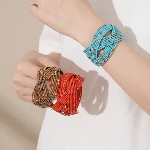 Multi Layer Glazen Kralen Manchet Armband Handgeweven Boho Vintage Etnisch Breed Verstelbaar Voor Dames