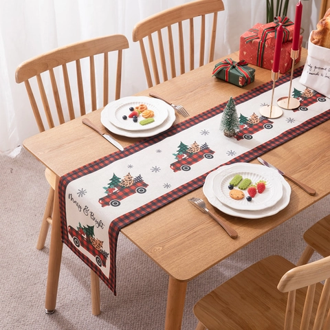 Kerst Tafelloper Polyester Ruitjes Rode Vrachtwagen Geprint Vakantie Eetkamer Decoratie Rustiek Herbruikbaar