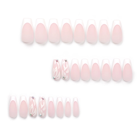 Unghie Finte Francesi Lunghe Coffin Rosa Nude Punte Bianche Glitter Argento Fiore Strass Unghie Artificiali Per Donne