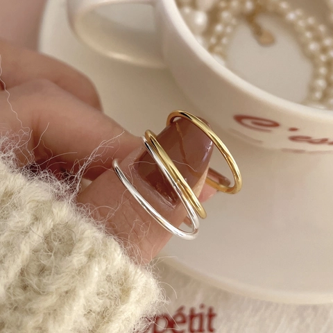 Anillo De Plata De Ley 925 Minimalista De Doble Capa Entrelazado Línea Geométrica Para Mujer Estilo Elegante Ajustable