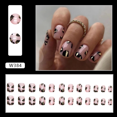 Leopard Print Press On Nails Short Square Round Nude Pink Artificial False Nails Glossy Finish With Gold Foil