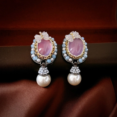 Orecchini Vintage Corte Con Farfalla Cristallo Resina E Goccia Di Perla Artificial Sintetica Perno In Argento Per Donna