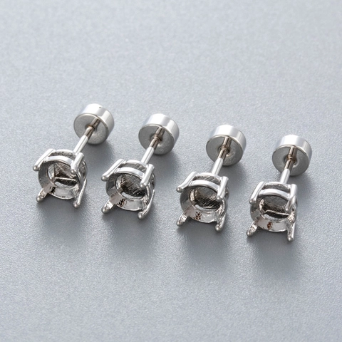 Titanium Steel Earring Stud Settings Four Prong Empty Round Trays For DIY Jewelry Making Screw Back Polished