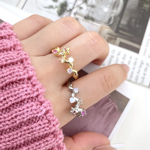 Bunter Zirkonia Verstellbarer Wellen Blumen Ring Für Damen Kupfer Gold Vergoldet Nische Design Mode Schmuck Geschenk