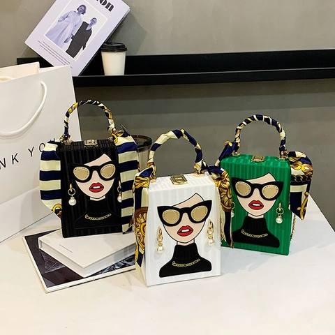Women Cartoon Face Print Box Handbag Acrylic Evening Clutch With Scarf Handle And Artificial Pearl Decoration Metal Chain Strap