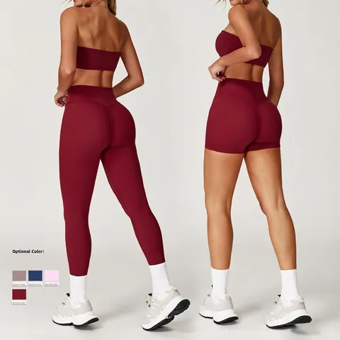 Women Yoga Activewear Strapless Bandeau Top And High Waist Leggings Or Shorts Brushed Nylon Spandex Quick Dry Fitness Gym Outfits