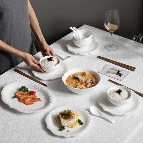 Vaisselle Céramique Gaufrée Blanc Bord Festonné Bols Assiettes Cuillères Porcelaine Service De Table Micro Ondes