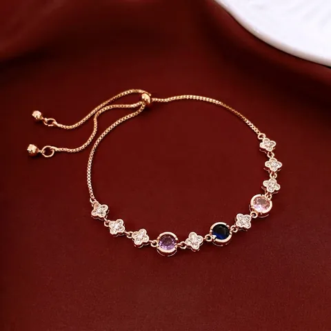 Adjustable Slider Bracelet Copper 18K Gold Plated Four Leaf Clover Colorful Cubic Zirconia Flower Charm Jewelry For Women