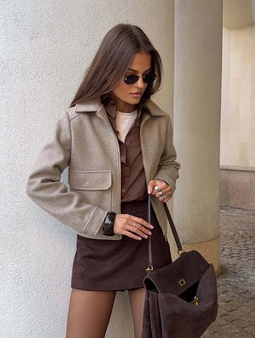 Chaqueta Corta Para Mujer Manga Larga Cremallera Solapa Mezcla De Algodón Color Sólido Moda Casual Chic