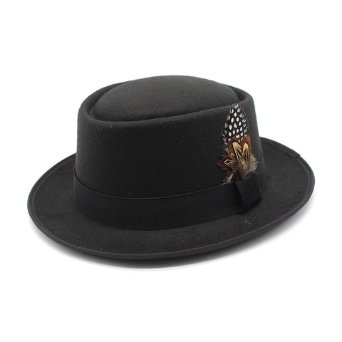 Vintage Pork Pie Hat Polyester Felt Fedora With Feather Decor British Style Jazz Hat For Women Men