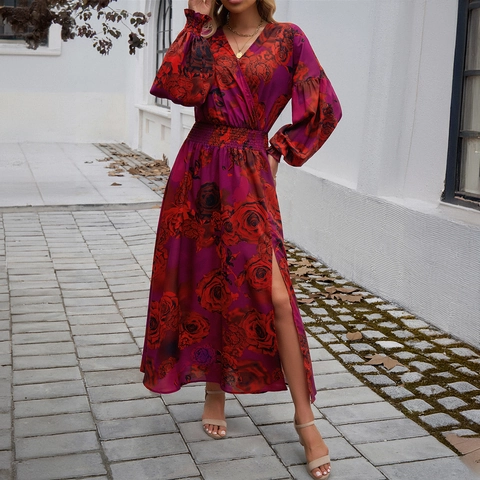 Women Floral Print Maxi Dress Elegant V Neck Long Lantern Sleeve High Waist A-Line Split Hem Polyester Long Gown