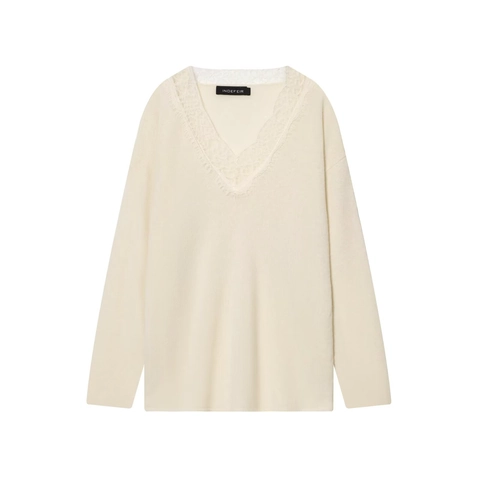 Lace Trim V Neck Knitted Pullover Sweater Long Sleeve Solid Color Soft Wool Blend Elegant Jumper Top For Women
