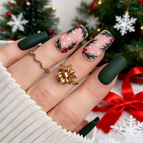 Christmas Press On Nails Matte Green Berry Leaf Pattern Square Artificial False Nails For Holiday Party Women DIY