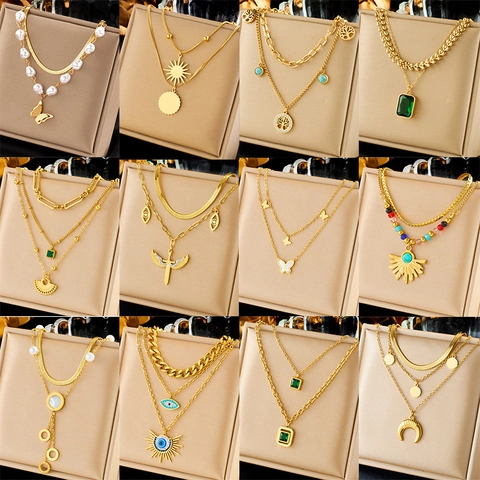 Multi Layer Pendant Necklace Stainless Steel Butterfly Artificial Pearl Emerald Sun Life Tree Vintage Elegant Jewelry For Women