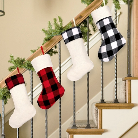 Christmas Stocking Knitted Buffalo Plaid Grid Hanging Candy Gift Bag Fireplace Holiday Decor Farmhouse Style