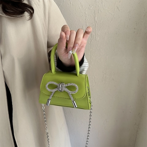 Mini Bolso De Mano Para Mujer Cuero PU Lazo De Strass Correa De Cadena Asa Superior Moda Bolso Cuadrado