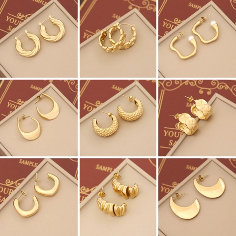 Geometric Hoop Stud Earrings Stainless Steel Gold Plated Irregular Textured Elegant Minimalist Fashion Jewelry For Women