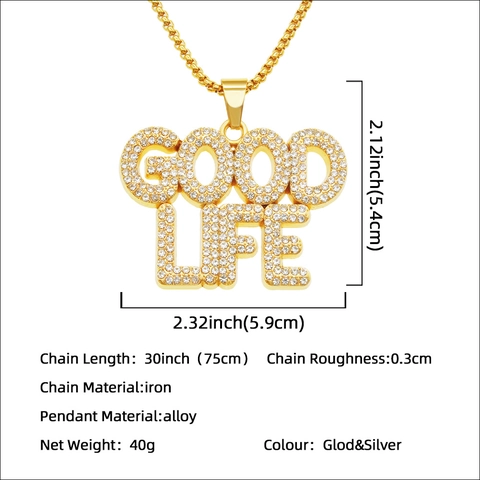 Collana Con Ciondolo Lettera Good Life Strass Lega Ferro Gioielli Hip Hop Streetwear Stile Catena Box Lunga Per Uomo Donna