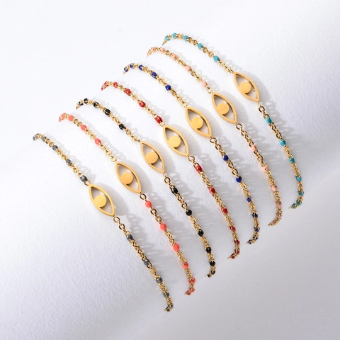 Bracelet Breloque Œil De Turquie Maman Lune Ananas Éclair Acier Inoxydable Plaqué Or Perles Émail Ajustable Bijoux Boho
