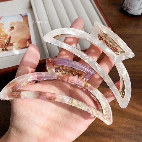 Large Acetate Claw Clip Alloy Spring Shark Hair Clamp Tortoiseshell Marble Pattern Half Moon Hollow Fashion For Women