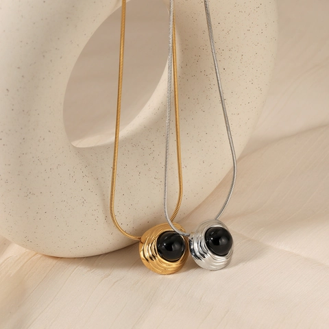 Retro Schwarzer Achat Anhänger Halskette 316 Edelstahl Schlangenkette Wasserdicht Anlauffrei Minimalistischer Schmuck Für Damen
