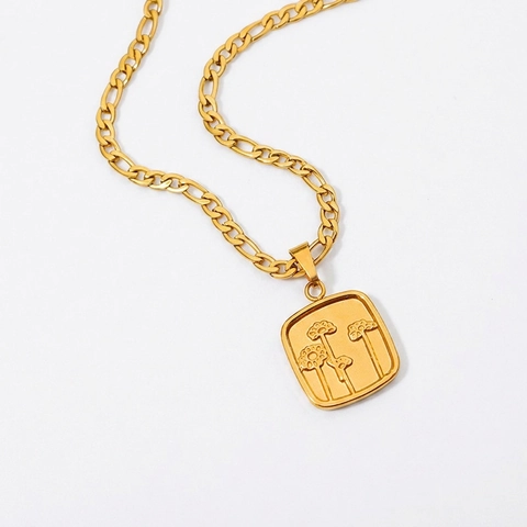 Collar Con Colgante Cuadrado De Flor Estilo Francés Lujo Acero De Titanio Chapado En Oro De 18K Cadena Figaro Para Mujer